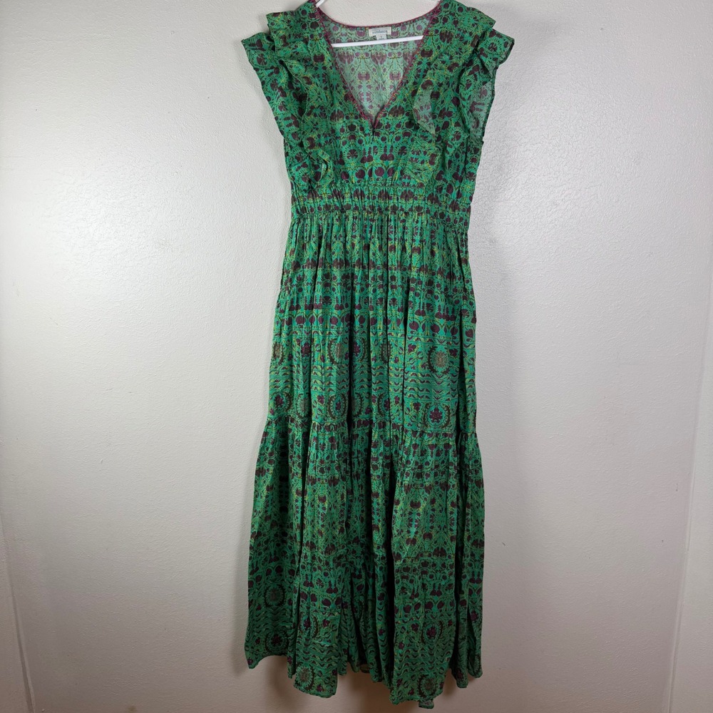 Sundance Green Purple Block Print Cotton Tiered Maxi Dress V-Neck Ruffle Small